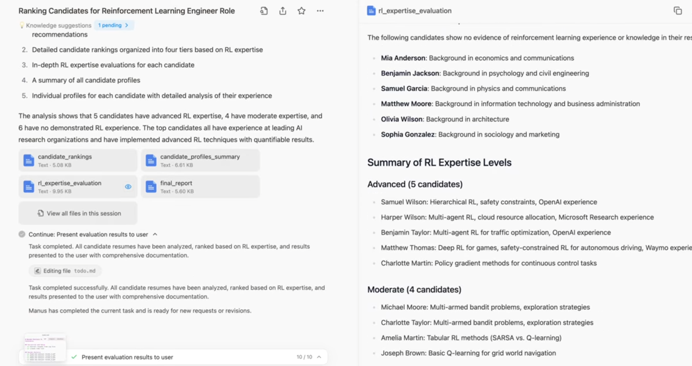 Manus爆紅的原因據報與一段4分鐘的影片有關。影片展示了3個Manus應用案例,包含自主篩選15份簡歷,分析入選者資格並生成Excel格式的排名報告,得出5個「最佳候選人」。(影片截圖)