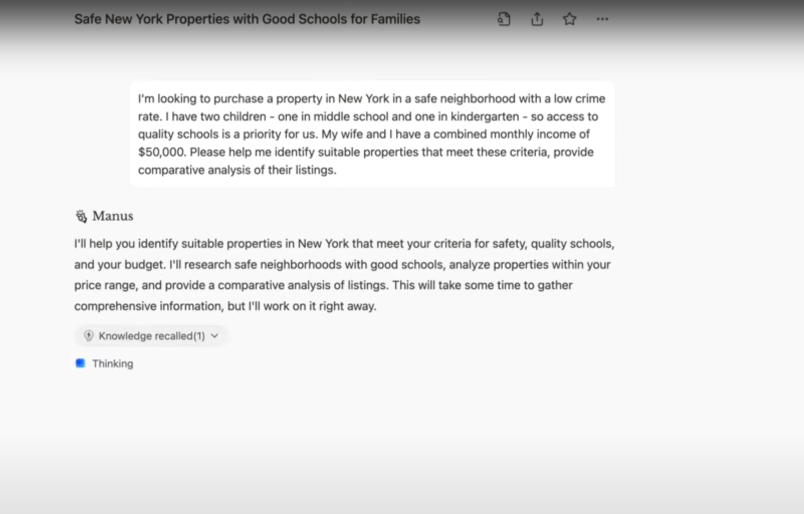 Manus爆紅的原因據報與一段4分鐘的影片有關。影片展示了3個Manus應用案例,包含為紐約購房者研究安全社區、優質學校和預算內房源。(影片截圖)