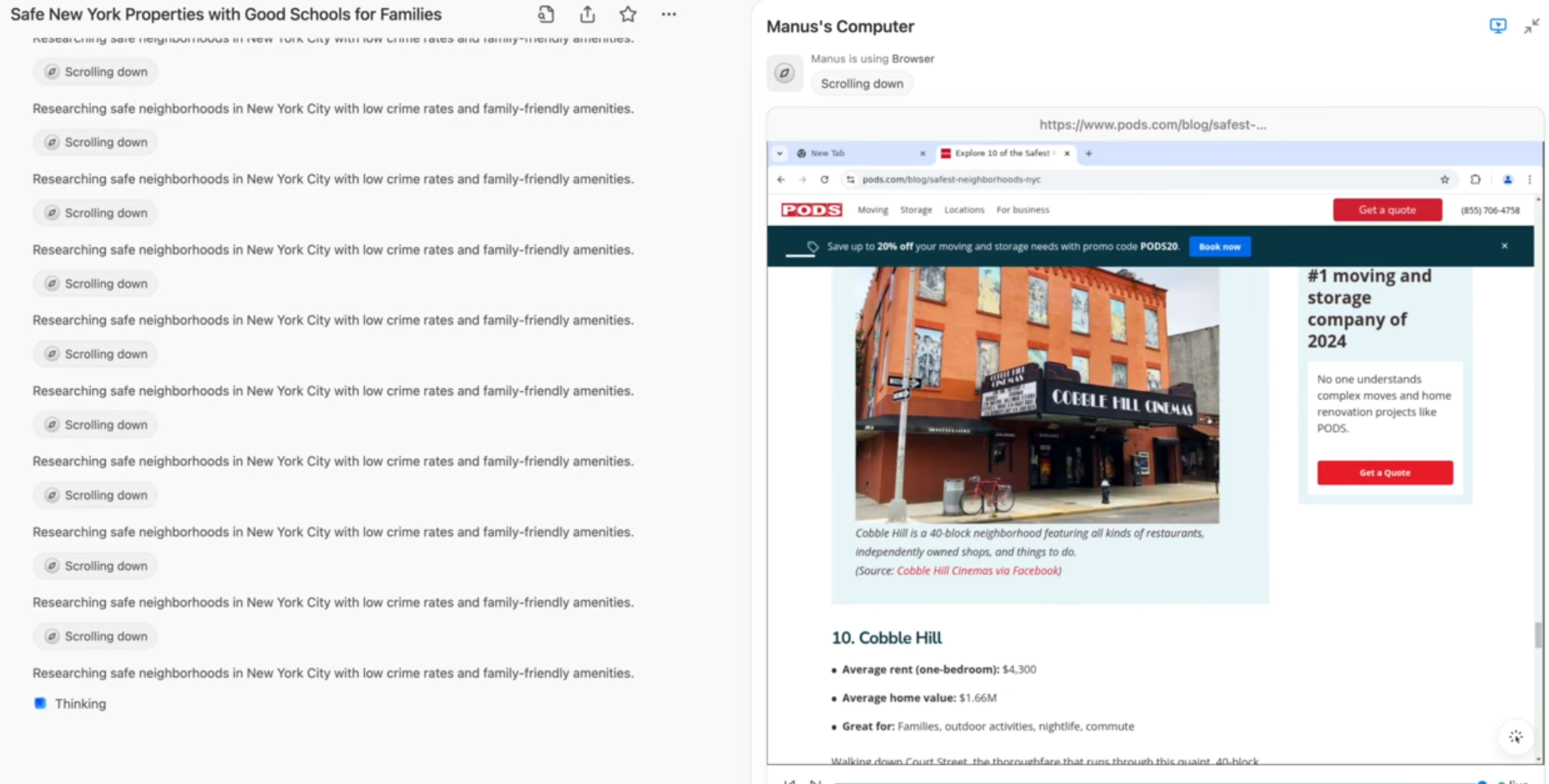 Manus爆紅的原因據報與一段4分鐘的影片有關。影片展示了3個Manus應用案例,包含為紐約購房者研究安全社區、優質學校和預算內房源。(影片截圖)