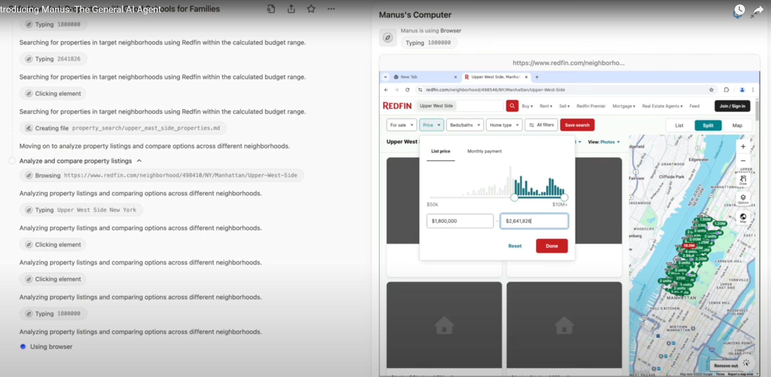 Manus爆紅的原因據報與一段4分鐘的影片有關。影片展示了3個Manus應用案例,包含為紐約購房者研究安全社區、優質學校和預算內房源。(影片截圖)