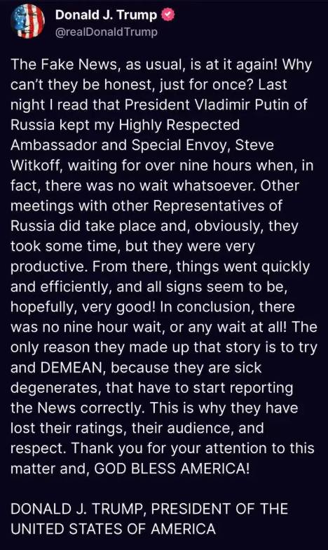 特朗普勞氣發文稱堅稱威特科夫完全沒等過。(互聯網)