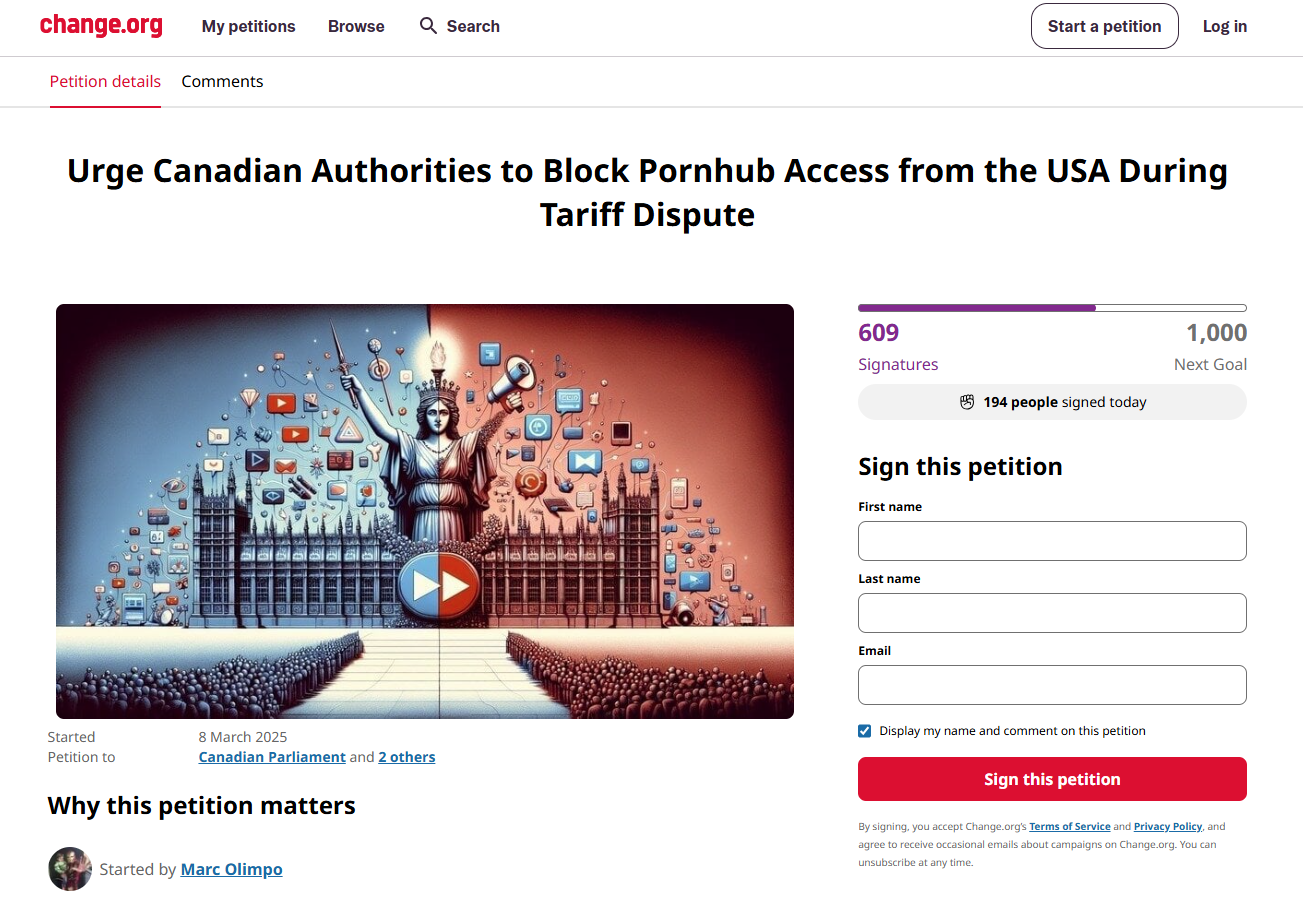有加拿民眾在change.org發起聯署,要求當局禁止美國人用Pornhub來打關稅戰。(互聯網)