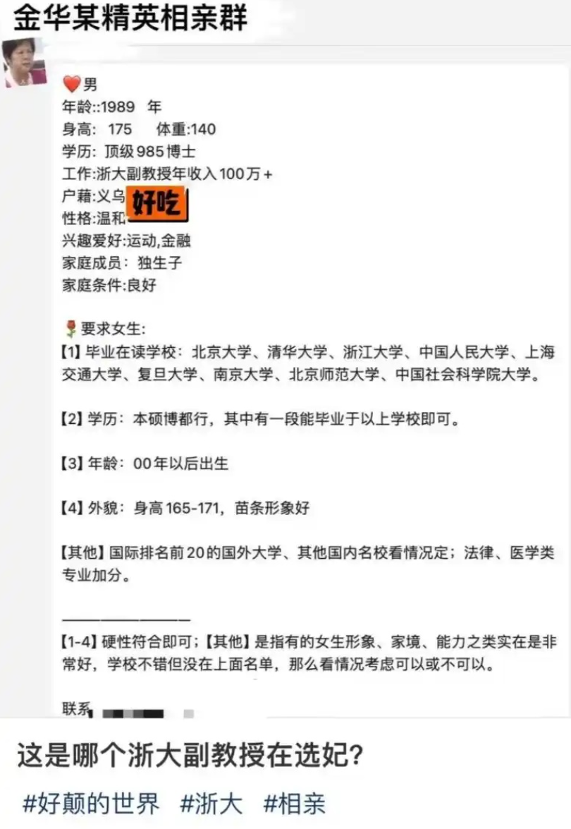 內地網上廣泛流傳「浙大副教授選妃」相關話題,浙江大學回應稱網上發佈的徵婚相親內容未經樓姓教師確認且包含不實信息,其本人已向警方報警。校方會持續關注,如有涉師德師風等問題,將依紀依規嚴肅處理。(網上圖片)
