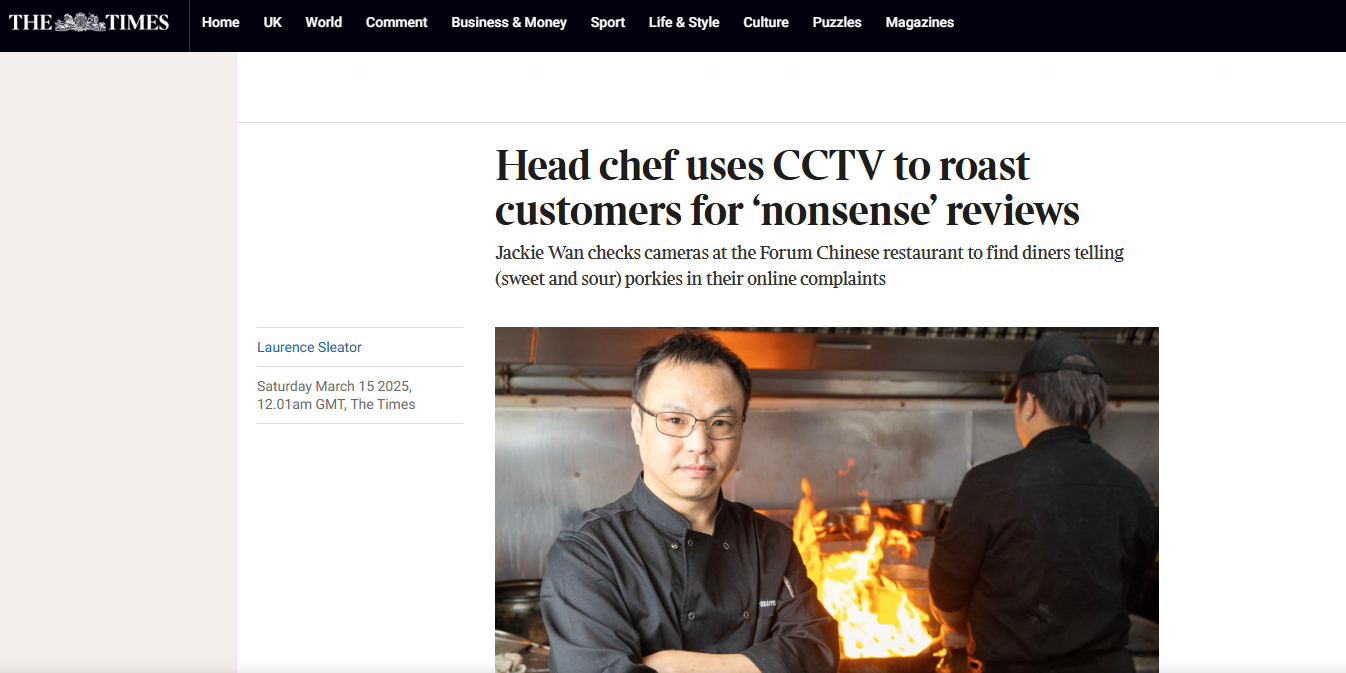 Jackie Wan接受英國《泰晤士報》訪問。(《泰晤士報》網站)