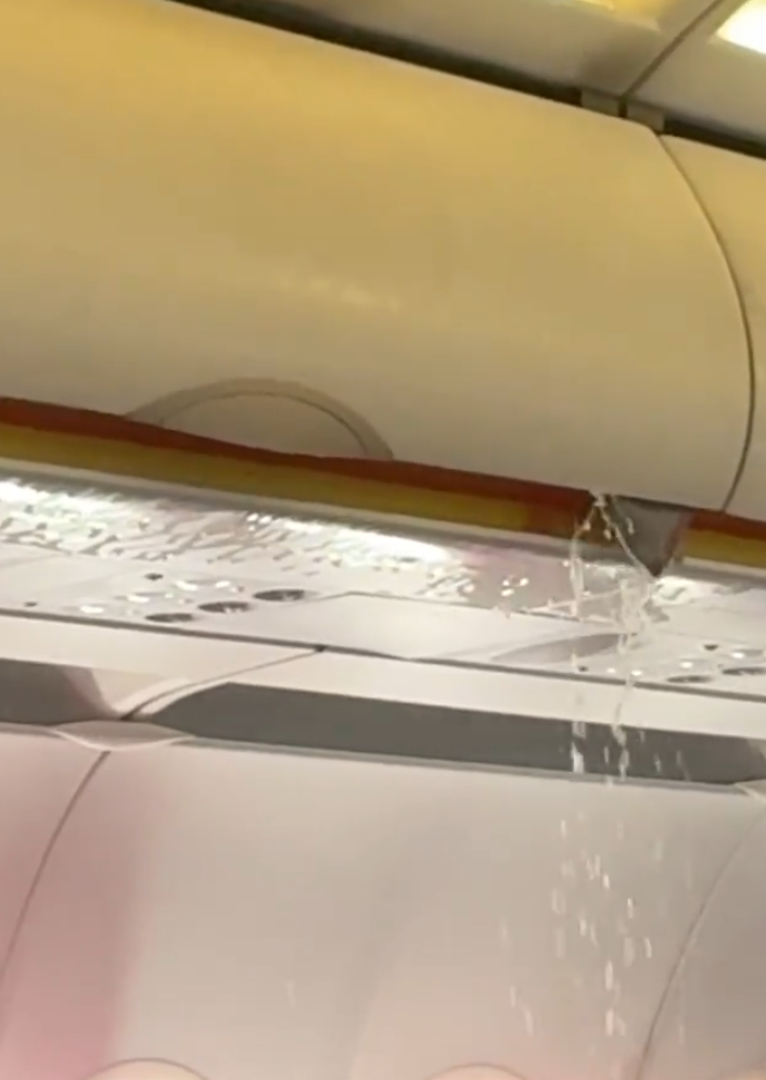 香港航空HX115原定杭州回港,中途轉飛福州。附近多個座位的乘客急疏散,及後客艙行李架火勢已撲滅,可見有燃燒痕跡,空姐及乘客不停倒蘋果汁及樽裝水降溫,不斷有水從行李架流出。(影片截圖)