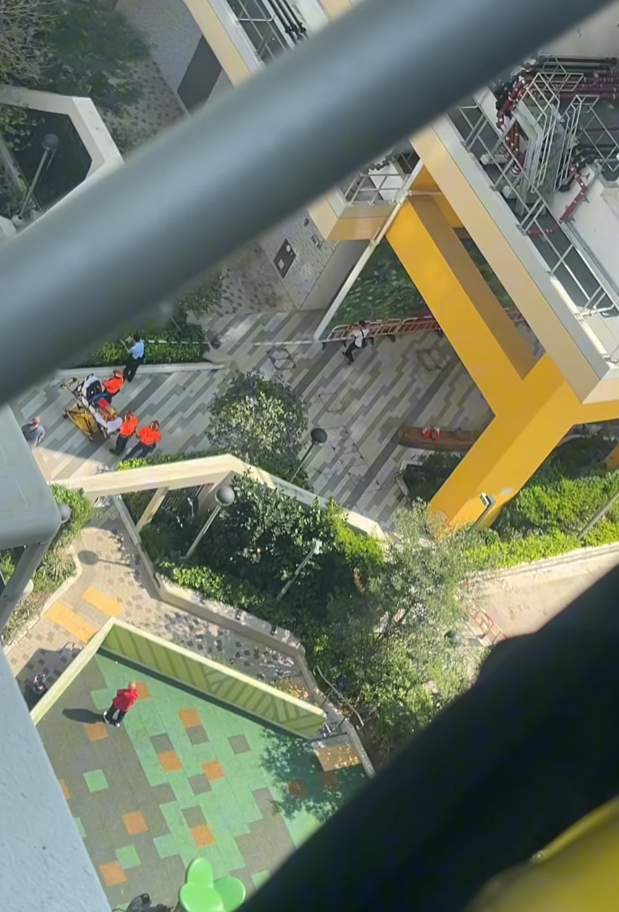 粉嶺皇后山邨皇樂樓一低層單位,兩名年幼男童爬出窗外,分別危坐大廈外牆及冷氣機窗台,消防及警方趕至破門營救。(皇后山乜都友 fb)