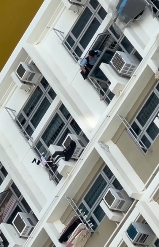 粉嶺皇后山邨皇樂樓一低層單位,兩名年幼男童爬出窗外,分別危坐大廈外牆及冷氣機窗台,消防及警方趕至破門營救。(皇后山乜都友 fb)