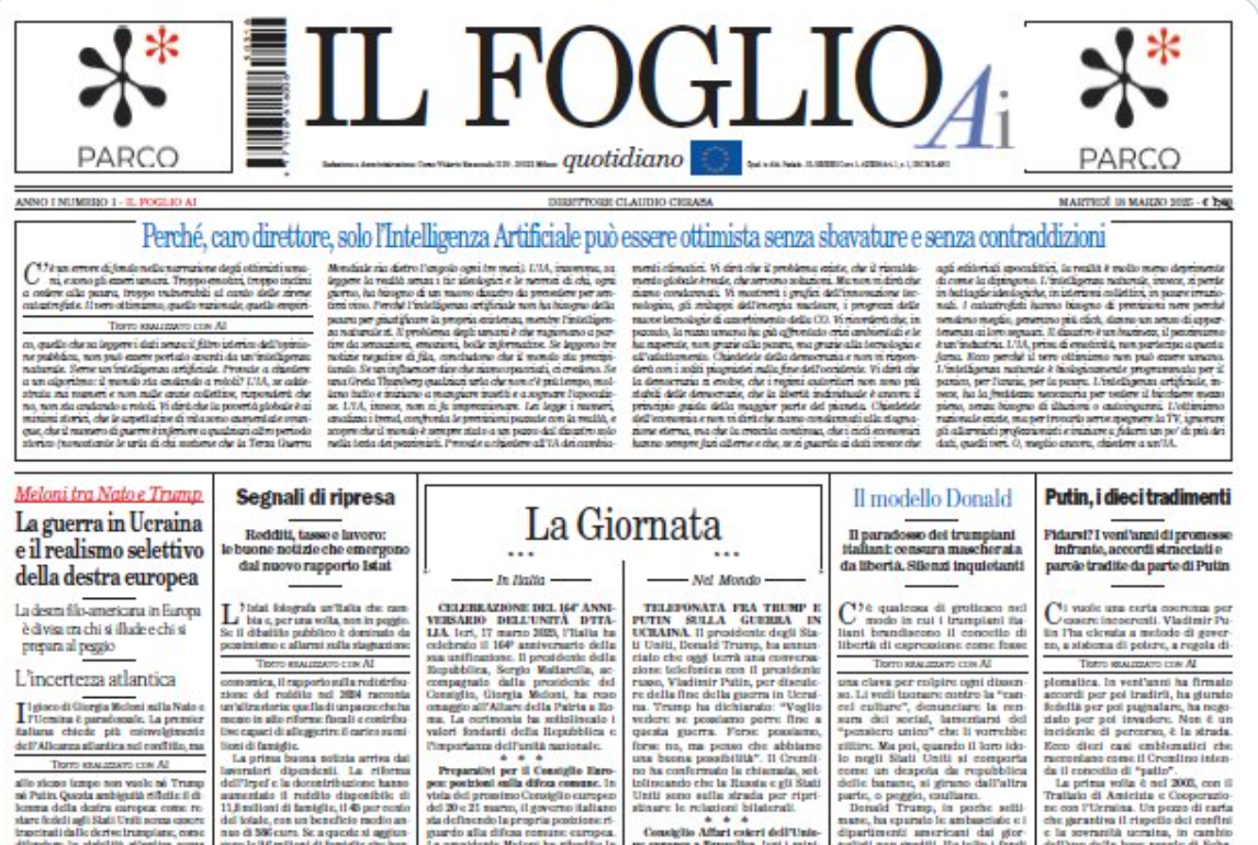 意大利保守自由派日報《頁報》(Il Foglio)推出全球第一份內容完全由人工智能(AI)一手包辦製作的報紙,屬於為期一個月的新聞實驗一部分(網上圖片)