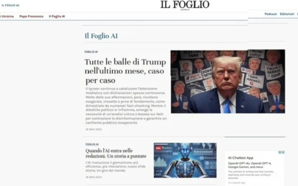 意大利保守自由派日報《頁報》(Il Foglio)推出全球第一份內容完全由人工智能(AI)一手包辦製作的報紙,屬於為期一個月的新聞實驗一部分(網上圖片)