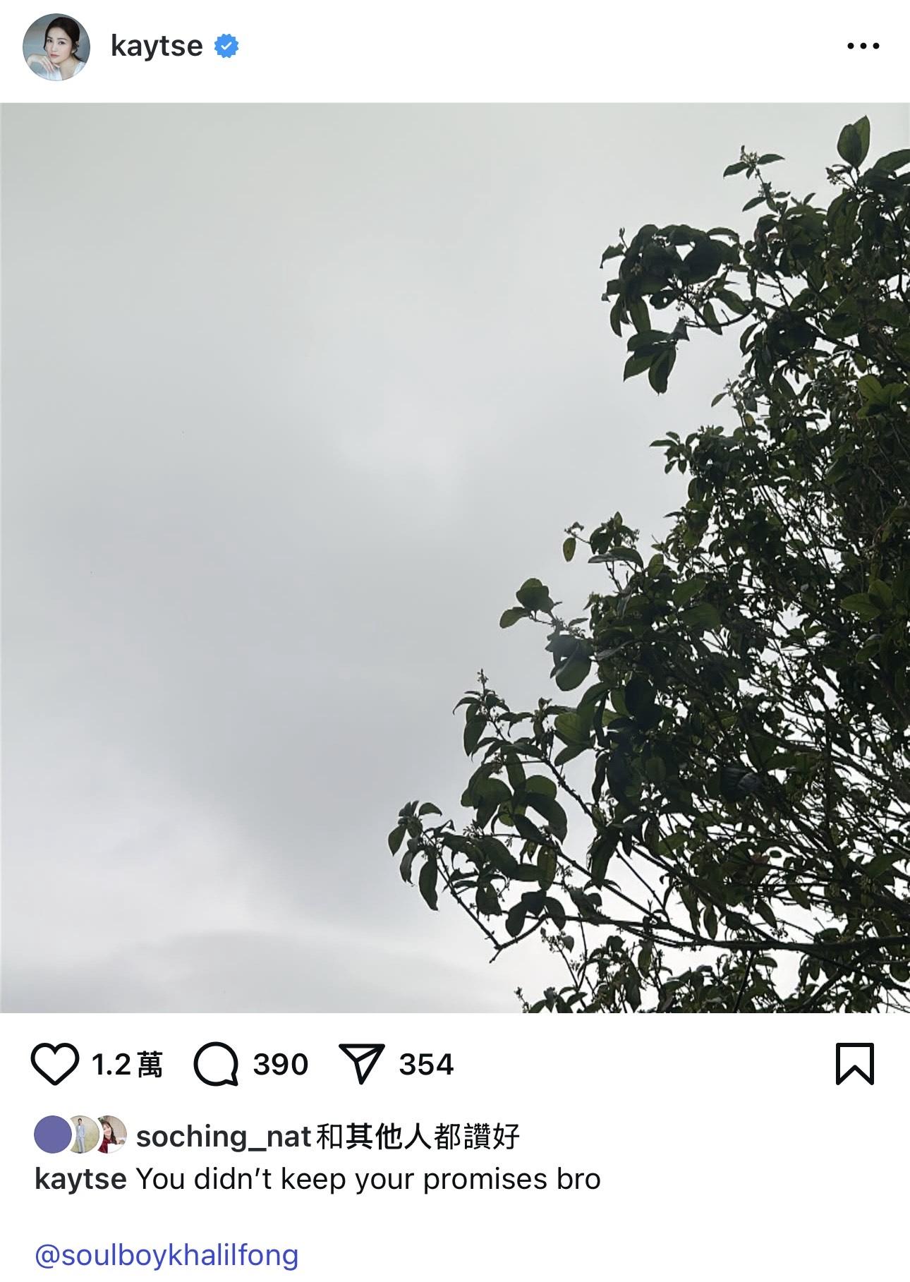 謝安琪在社交網上載風景相悼念。