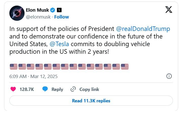 馬斯克在X發文,承諾在未來2年增加Tesla汽車於美國生產量一倍。(X截圖)