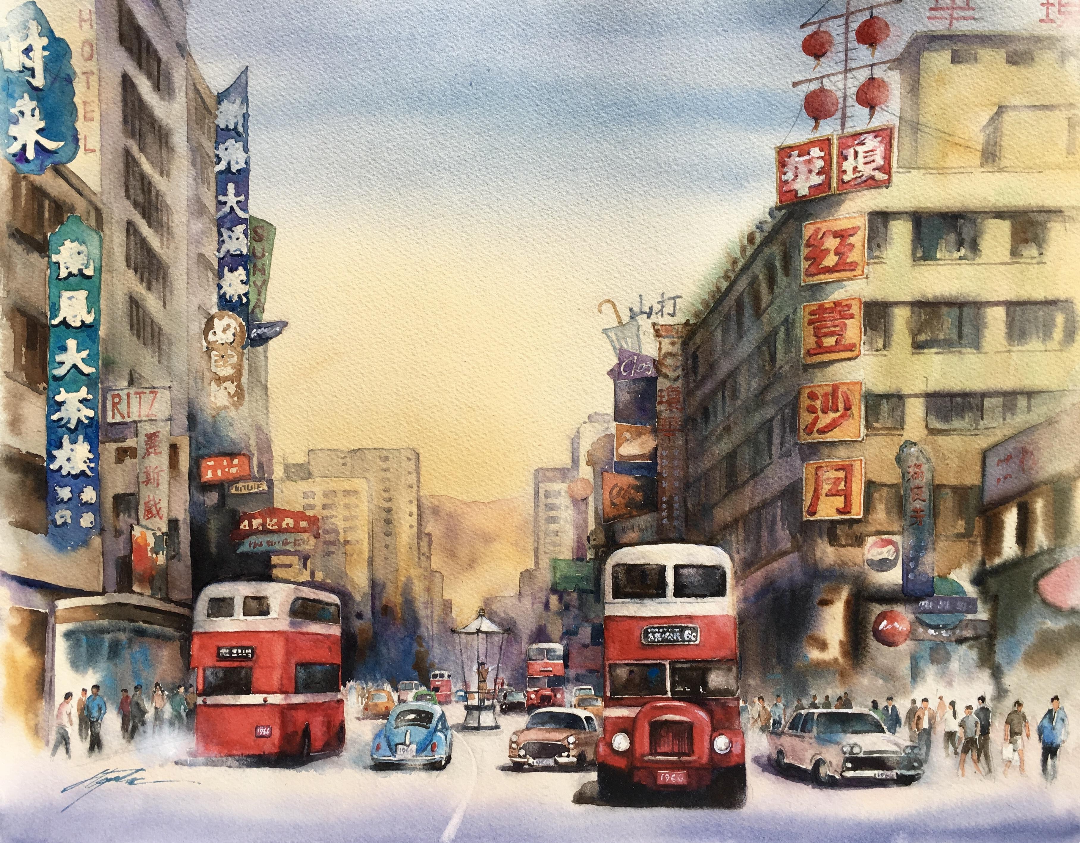 游榮光水彩畫作品《六十年代旺角》
