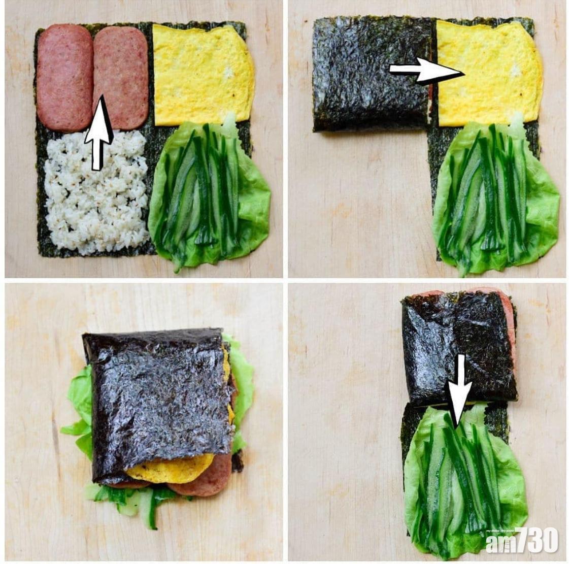 紫菜包飯三文治包法做法︰只需分成四格,把食材放上再摺疊即可。