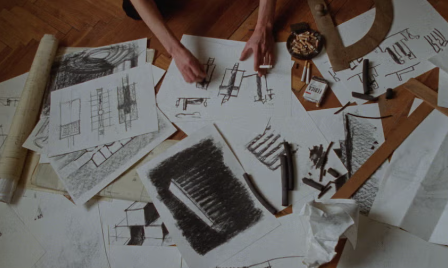 《粗獷派建築師》以AI優化主角的匈牙利語對白,據報亦潤飾了片末出現的一些建築圖則。(互聯網)