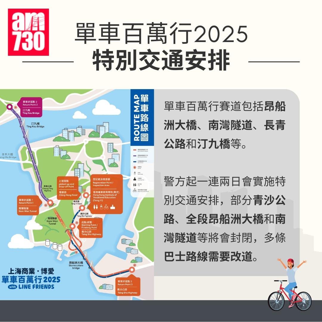 單車百萬行2025封路|特別交通安排(am730製圖)