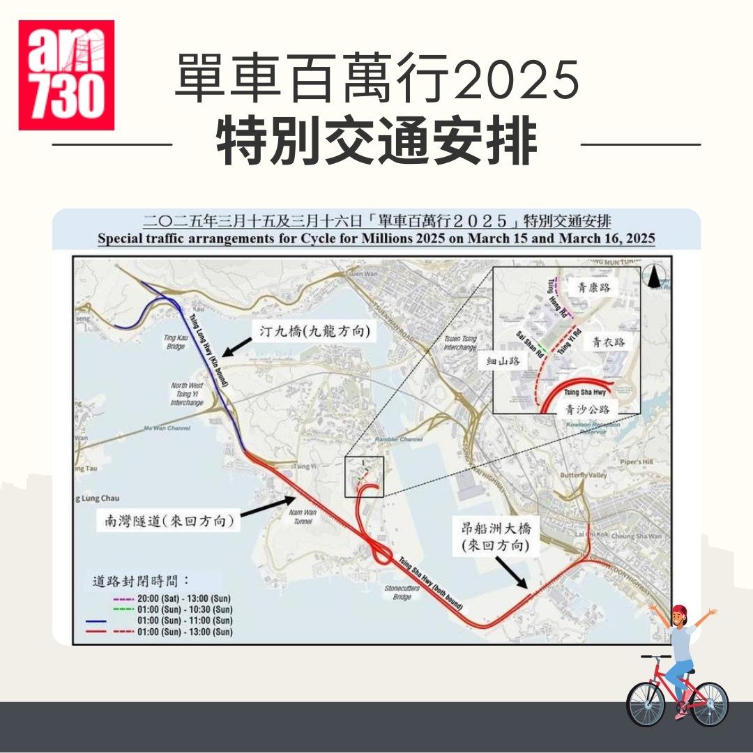 單車百萬行2025封路|特別交通安排(am730製圖)