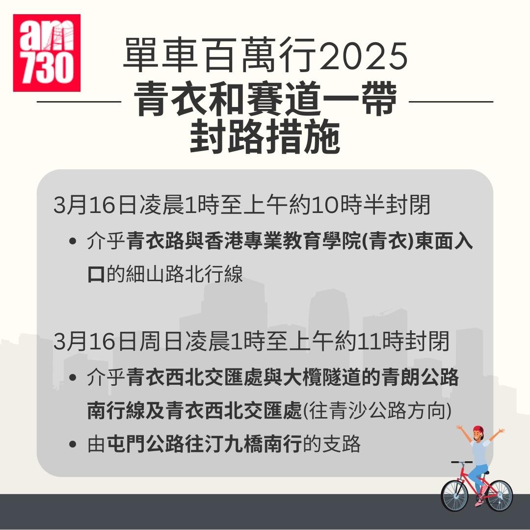單車百萬行2025封路|特別交通安排(am730製圖)
