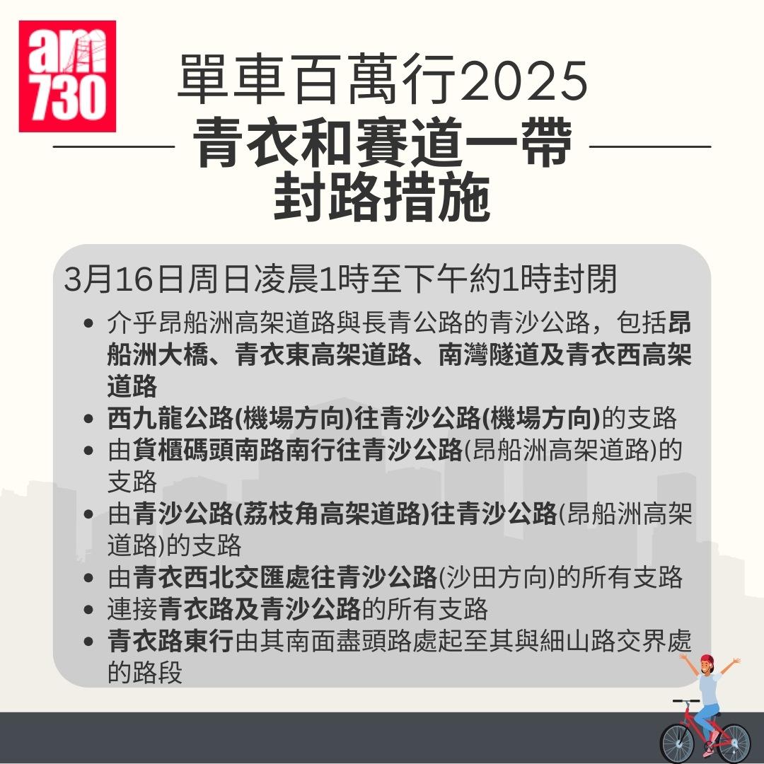 單車百萬行2025封路|特別交通安排(am730製圖)