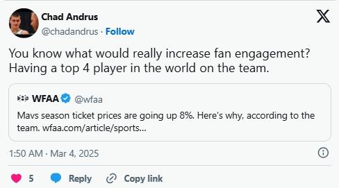 「嗯……我很好奇獨行俠該如何提升球迷互動……真是個謎。」一名獨行俠球迷諷刺道。