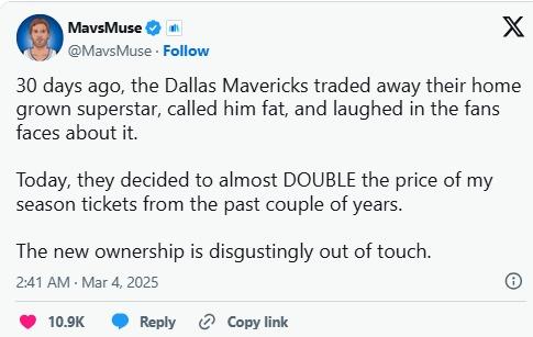 有球迷不滿獨行俠換走當錫後再加價,指新管理層厚顏無恥。