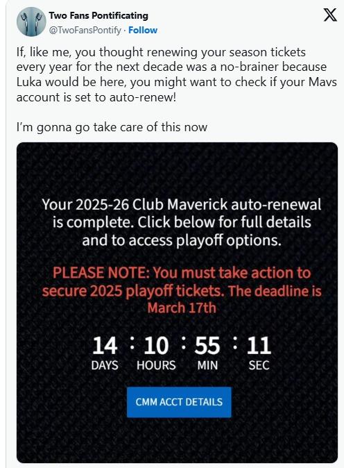 「你最好檢查一下你的獨行俠帳戶是否設定為自動續訂,」一名獨行俠球迷提醒道。