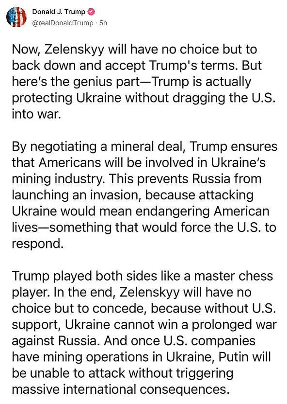 特朗普轉發Michael McCune的貼文,大讚特朗普在俄烏棋局中運籌帷幄。(互聯網)