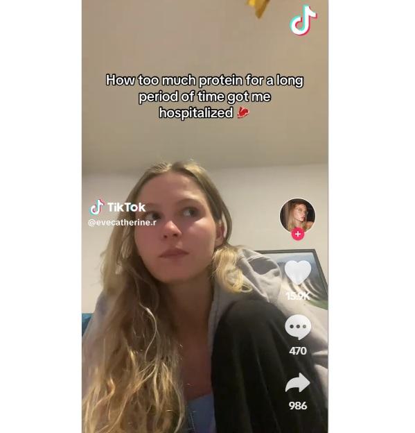 凱瑟琳跟網民說,照食肉減肥法餐單,每天吃高蛋白質食物一段長時間後,身體就出現狀況,須住院治療。(互聯網)