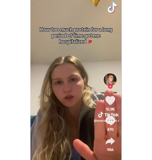 凱瑟琳跟網民說,照食肉減肥法餐單,每天吃高蛋白質食物一段長時間後,身體就出現狀況,須住院治療。(互聯網)