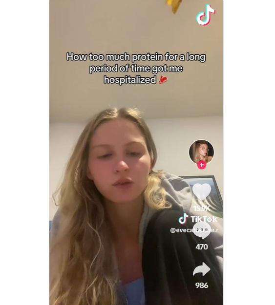 凱瑟琳跟網民說,照食肉減肥法餐單,每天吃高蛋白質食物一段長時間後,身體就出現狀況,須住院治療。(互聯網)