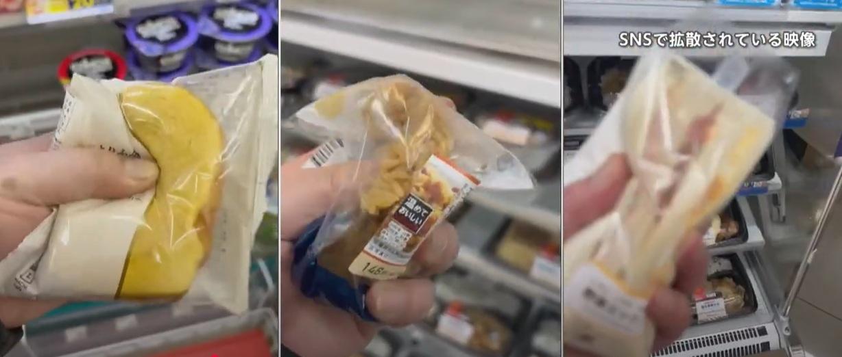 富士新聞網報道,捏爛君把全家便利店食品捏爛後再放回貨架。(互聯網)