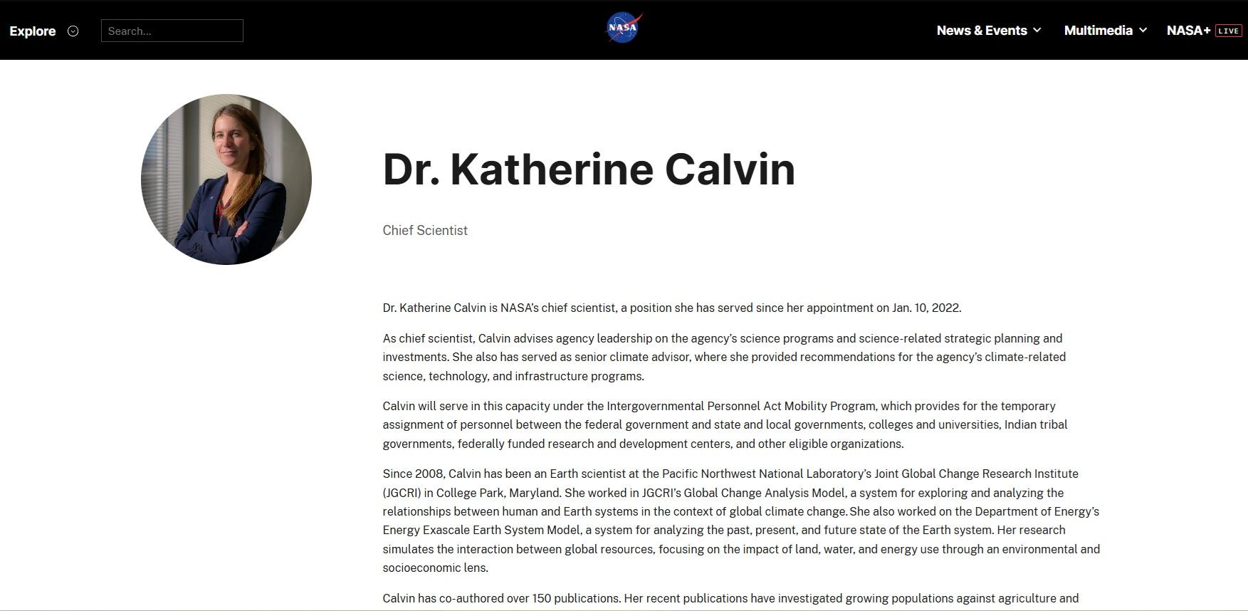 太空總署官網有關凱文(Katherine Calvin)領導的首席科學家辦公室的簡介。(互聯網)