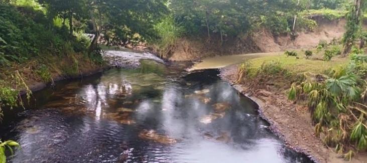 原油流入河段,導致河水變色。(互聯網)