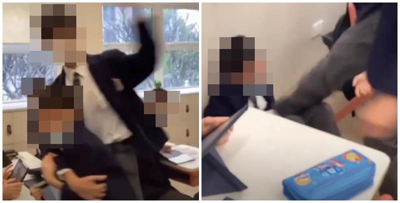網上近日流傳影片,顯示有兩名男學生在課室內打架,有人被拳打頭部推倒在地後再用腳踩,躺在地上哭泣。根據校服和窗外環境,疑是中西區名校聖保羅書院。(影片截圖)