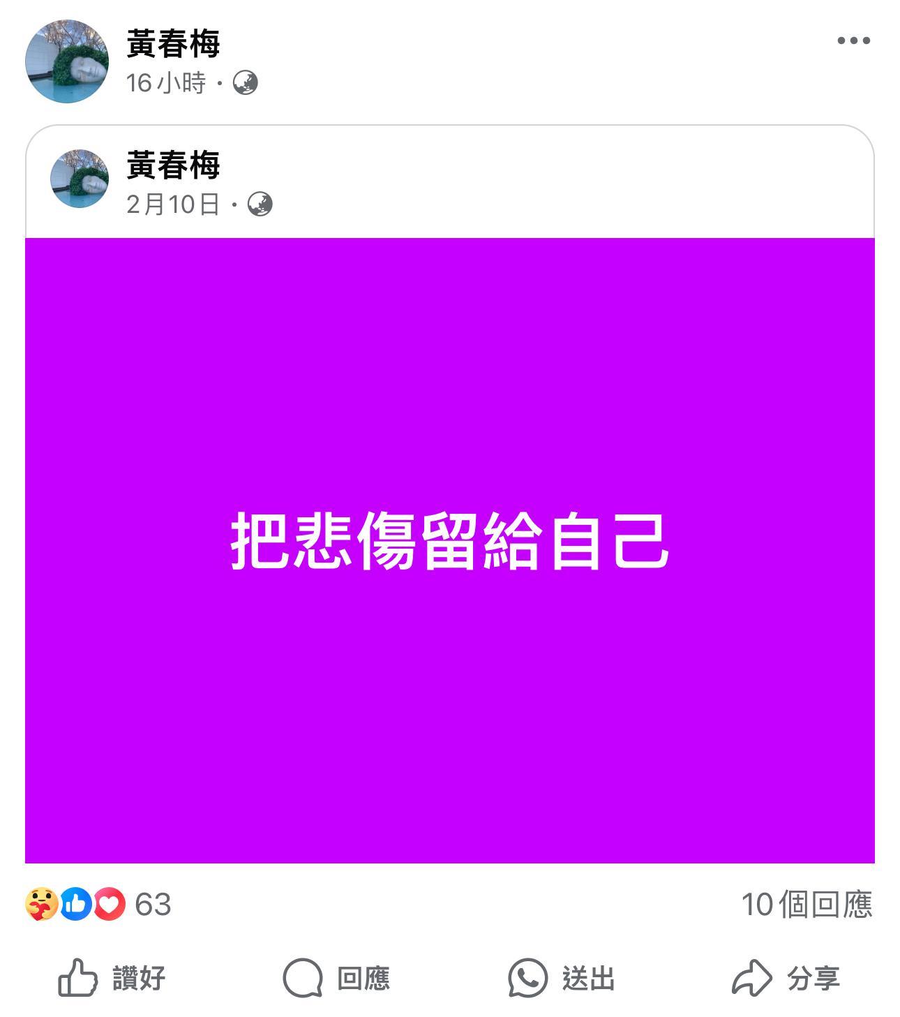 S媽再po「把悲傷留給自己」的貼文。