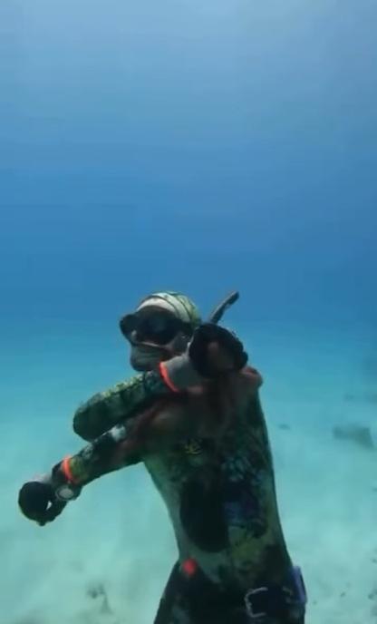 八爪魚纏著潛水客手臂和臉部,潛水客掙扎,想擺脫八爪魚。(互聯網)