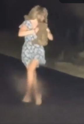 網紅抱著小袋熊,回頭看到熊媽媽追上來。(互聯網)