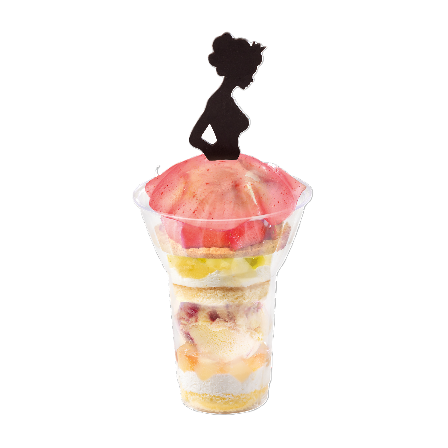 女皇駕臨(士多啤梨)$92 女皇剪影朱古力的小傘裙以士多啤梨果凍仿成,搭配鮮甜士多啤梨、女皇造型朱古力、香提及芒果菠蘿水果蛋糕。