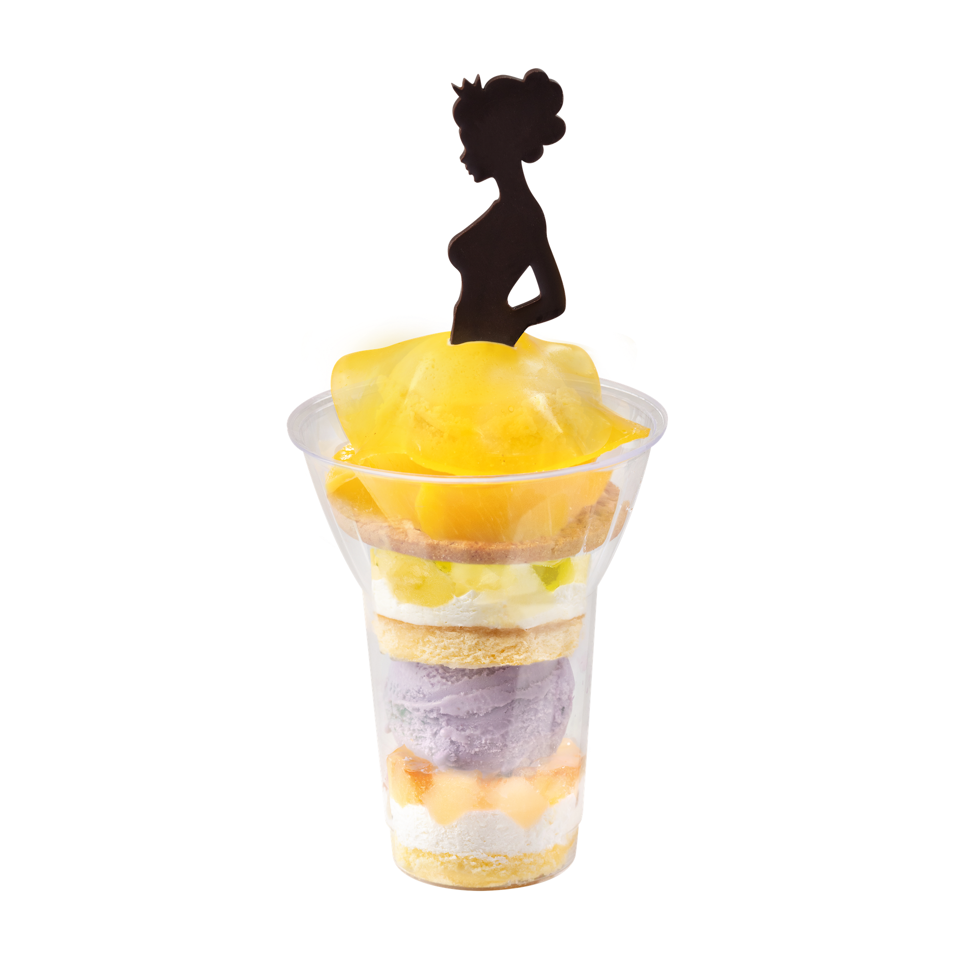 女皇駕臨(香桃)$92兩球絲滑雪糕搭配香芒果凍與香桃,分層之中夾著提子香梨及蘋果香桃水果蛋糕,綴上女皇剪影的脆薄朱古力。