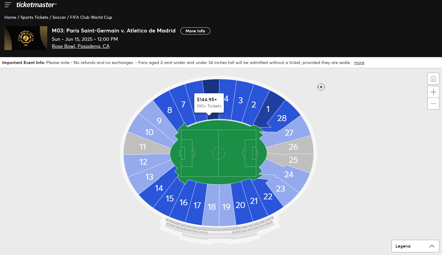 美國售票平台,巴黎聖日耳門與馬德里體育會的比賽仍有不少門票。(網頁截圖)