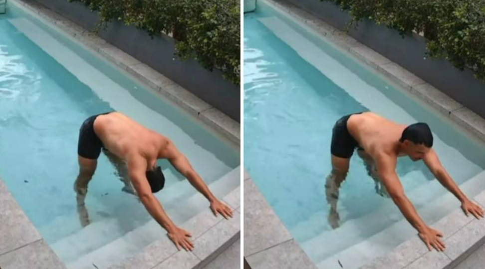 怪男游泳前還在池邊拉筋。(互聯網)