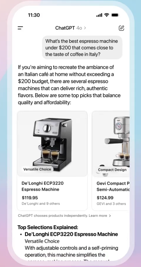 ChatGPT提供推薦及比較產品的新功能,同時會提供購買連結。(互聯網)