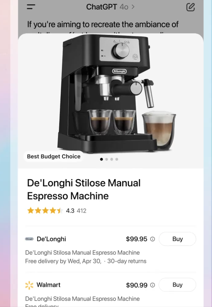 ChatGPT提供推薦及比較產品的新功能,同時會提供購買連結。(互聯網)