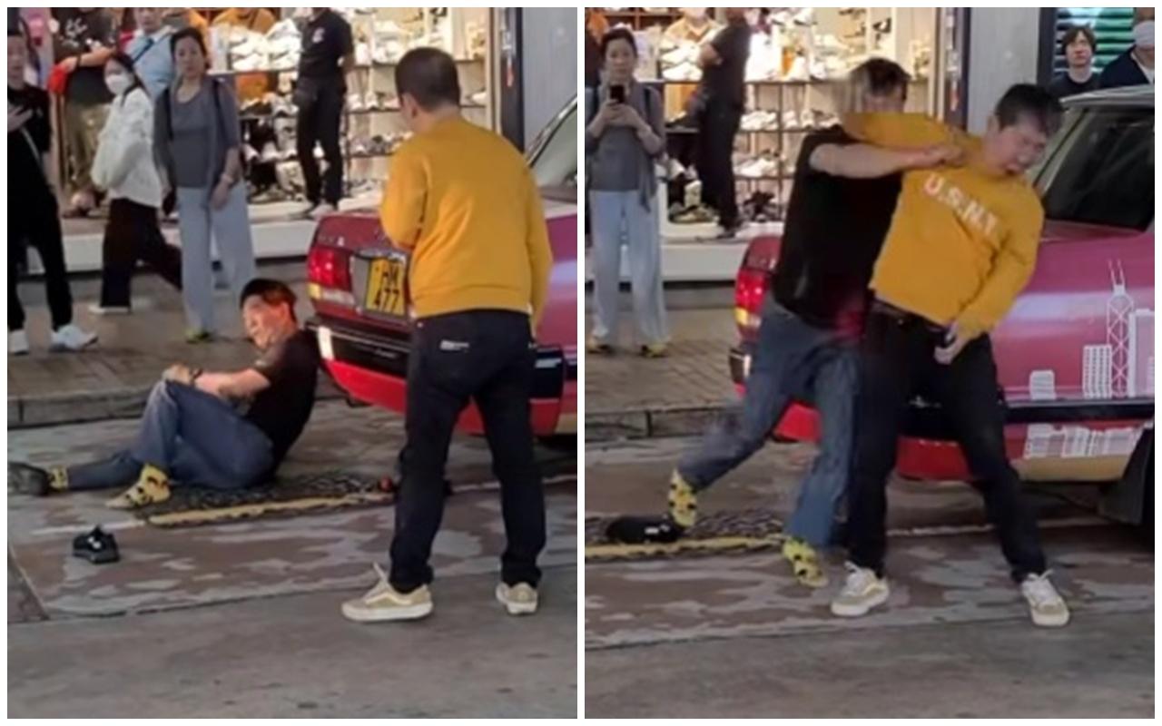 兩人再於馬路上發生打鬥,的士司機倒在地上,黃衣衫連續多次起腳踢向對方,的士司機立即企起揮拳還擊。(FB/的士司機資訊網 Taxi)