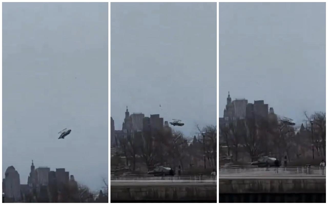 網上影片顯示,直升機先是失控旋轉,有零件半空散落,機身之後墜入河中,濺起巨大的水花。(X)