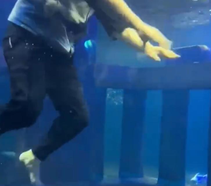 約20秒後,一名工作人員跳入水中將她救出。(微博)