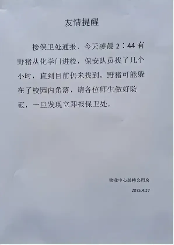 當地學校貼出「友情提醒」,警告師生防範野豬出沒。