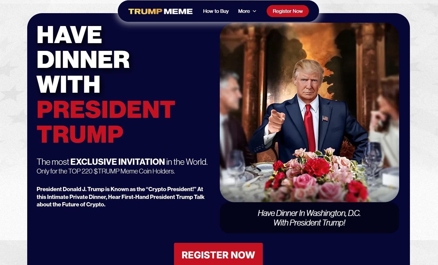 特朗普幣的頂級投資者,將獲邀參加與總統舉行的獨家晚宴。(官網截圖)
