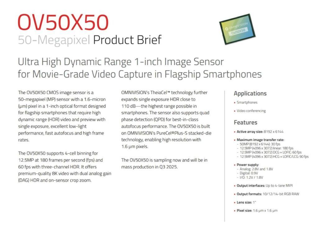 攝影功能部份,OV50X 對應優質 QPD 相位對焦、及獨有 TheiaCel 單次曝光 110dB 的 HDR 高動態對比相片輸出。