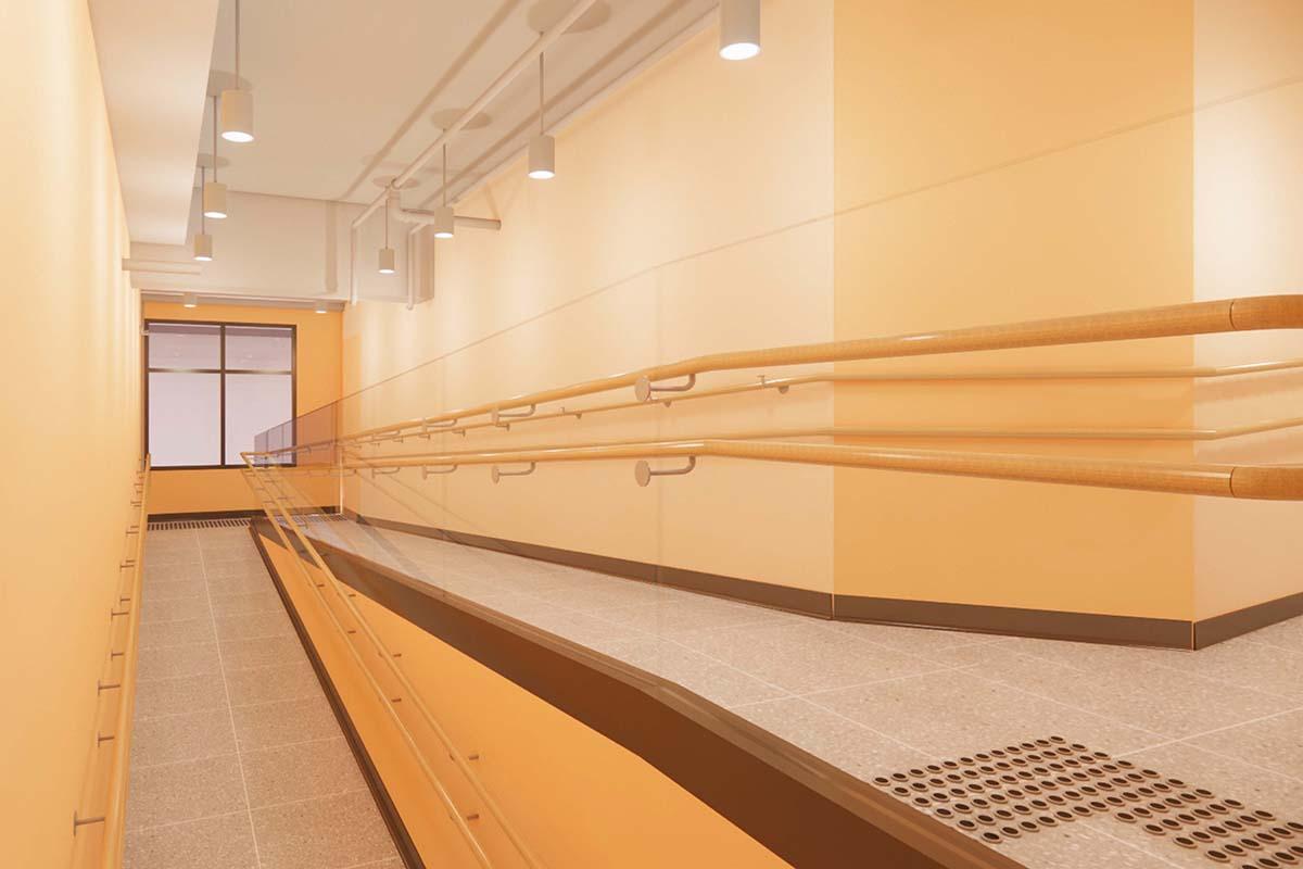 改造後的前旺角街市增設附設扶手的斜道。(市建局設計構想圖)