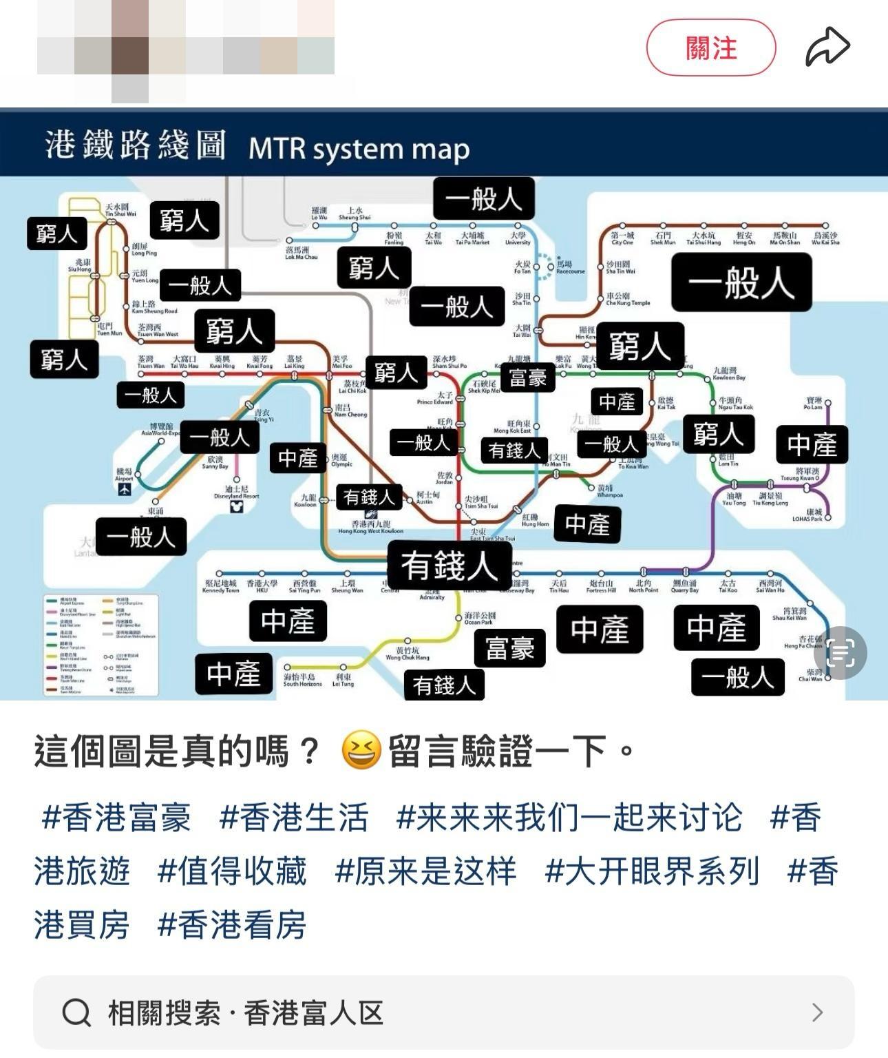 圖中將全港18區沿著港鐵沿綫劃分為「窮人」、「一般人」、「中產」、「有錢人」和「富豪」5個等級